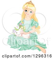 Poster, Art Print Of Pretty Blond Princess In A Green Dress Sitting On The Floor With An Easter Bunny Rabbit And Spring Flowers