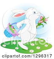 Poster, Art Print Of Cute White Easter Bunny Rabbit Hopping With Tulips And A Basket Of Eggs Over Blue And White
