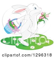 Poster, Art Print Of Cute White Easter Bunny Hopping With Tulips And A Basket Of Eggs