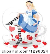 Clipart Of A Relaxed Alice In Wonderland Sitting On A Giant Heart Patterned Tea Cup Royalty Free Vector Illustration by Pushkin