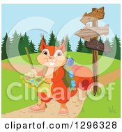 Poster, Art Print Of Cute Presenting Squirrel Hiking With A Map By Arrow Signs And Paths