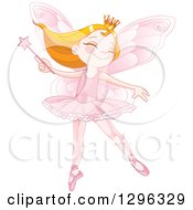 Clipart Of A Happy Strawberry Blond Caucasian Fairy Princess Dancing With A Wand In A Pink Ballerina Costume Royalty Free Vector Illustration