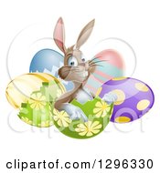 Poster, Art Print Of Happy Brown Easter Bunny Sitting And Pointing From An Egg Shell
