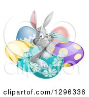 Poster, Art Print Of Happy Gray Easter Bunny Sitting And Pointing From An Egg Shell