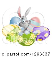 Poster, Art Print Of Happy Gray Easter Bunny Sitting In An Egg Shell