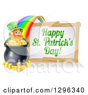 Happy St Patricks Day Sign With A Rainbow Leading To A Leprechaun At A Pot Of Gold