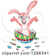 Poster, Art Print Of Cartoon Happy Pink Bunny Rabbit Popping Out Of An Easter Egg