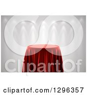 Poster, Art Print Of 3d Round Presentation Pedestal Table Draped With A Red Silk Cloth On Gray With Spotlights
