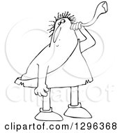 Lineart Clipart Of A Black And White Chubby Deaf Caveman Using An Ear Horn Royalty Free Outline Vector Illustration by djart