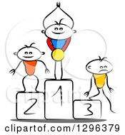 Sketched Winner Cheering With A Medal On A First Place Podium And Second And Third Place Opponents