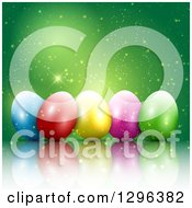 Poster, Art Print Of 3d Colorful Easter Eggs With Magic Sparkles On Green
