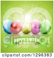 Poster, Art Print Of 3d Colorful Eggs With Sunshine And Flares Over A Happy Easter Banner On Green