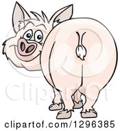 Poster, Art Print Of Cartoon Happy Pink Pig Looking Back With His Butt In Front View