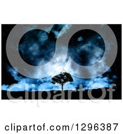 Clipart Of A 3d Silhouetted Tree Against A Blue Night Sky Royalty Free Illustration