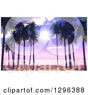 Poster, Art Print Of 3d Purple Sunset Sky And Sunshine Through Palm Trees On A Tropical Beach