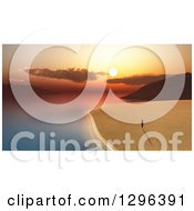 Poster, Art Print Of 3d Lone Woman Walking On A Beach At Sunset