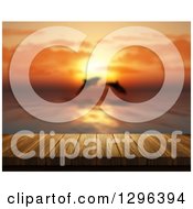 Poster, Art Print Of 3d Wooden Deck Or Table With A View Of Jumping Dolphins At Sunset