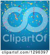 Poster, Art Print Of Blue Party Background With Colorful Confetti And Ribbons