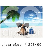 Poster, Art Print Of Rear View Of A 3d Elephant Sitting With A Suitcase On A Tropical Beach