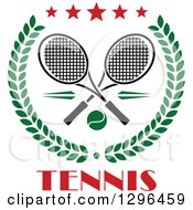 Poster, Art Print Of Green Wreath With Crossed Rackets A Tennis Ball And Stars Over Text