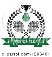 Clipart Of A Wreath With Crossed Rackets A Trophy Tennis Ball And Text Banner Royalty Free Vector Illustration
