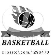 Clipart Of A Grayscale Basketball With Flames And Blank Banner Over Text Royalty Free Vector Illustration