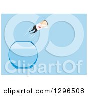 Poster, Art Print Of Flat Modern White Businessman Leaping Free Of A Fish Bowl Over Blue