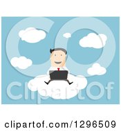 Flat Modern White Businessman Using A Laptop On A Cloud Over Blue