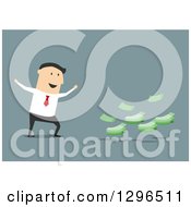 Poster, Art Print Of Flat Modern White Businessman Cheering By Cash Money Over Blue