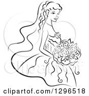 Clipart Of A Sketched Black And White Bride Holding A Bouquet Of Flowers And Facing Right 2 Royalty Free Vector Illustration