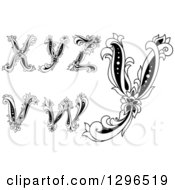 Poster, Art Print Of Black And White Vintage Lowercase Floral Letters V W X Y And Z