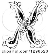 Clipart Of A Black And White Vintage Lowercase Floral Letter X Royalty Free Vector Illustration