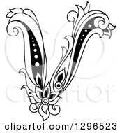 Clipart Of A Black And White Vintage Lowercase Floral Letter V Royalty Free Vector Illustration