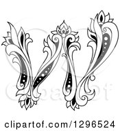 Clipart Of A Black And White Vintage Lowercase Floral Letter W Royalty Free Vector Illustration