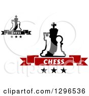 Poster, Art Print Of Black And White Chess Piece Pawns Kings And Rooks Wita Text Banners Over Stars