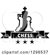 Clipart Of A Black And White Chess Piece Pawn King And Rook With A Text Banner Over Stars Royalty Free Vector Illustration