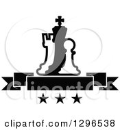 Clipart Of A Black And White Chess Piece Pawn King And Rook With A Blank Banner Over Stars Royalty Free Vector Illustration