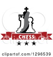 Poster, Art Print Of Black And White Chess Piece Pawn King And Rook With A Red Text Banner Over Stars