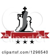 Poster, Art Print Of Black And White Chess Piece Pawn King And Rook With A Red Blank Banner Over Stars