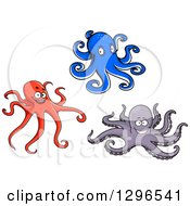 Poster, Art Print Of Cartoon Blue Red And Purple Octopuses