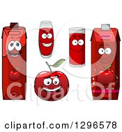 Happy Red Apple Character And Juice Cartons And Cups