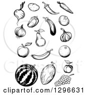 Clipart Of Black And White Sketched Fruits And Veggies Royalty Free Vector Illustration by Vector Tradition SM