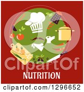 Poster, Art Print Of Circle Of A Chefs Hat And Hand With Food In A Circle Over Red And Text