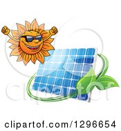 Poster, Art Print Of Happy Cheering Sun And Solar Panel Encircled With A Swoosh And Green Leaves