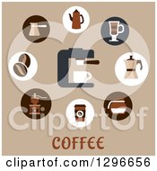 Poster, Art Print Of Coffee Beans Pots Cups And Grinders Over Text On Tan