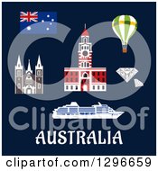 Poster, Art Print Of Australian Flag Item And Landmarks With Text On Blue