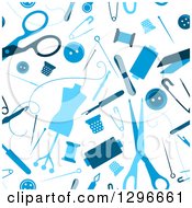 Poster, Art Print Of Seamless Background Pattern Of Blue Sewing Accessories On White