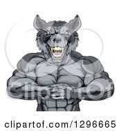 Poster, Art Print Of Tough Vicious Muscular Wolf Man Punching His Fist Into Palm