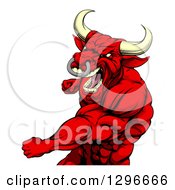 Poster, Art Print Of Roaring Muscular Red Bull Man Or Minotaur Mascot Punching
