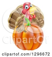Poster, Art Print Of Cute Turkey Bird Giving A Thumb Up Over A Pumpkin
